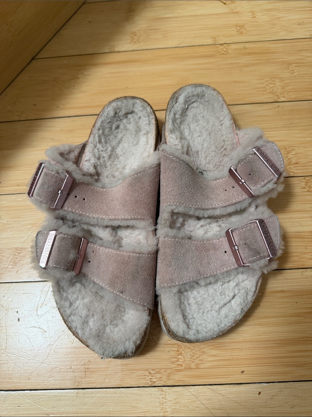 Birkenstock Arizona Suede Shearling Slides in Dusty Rose -38